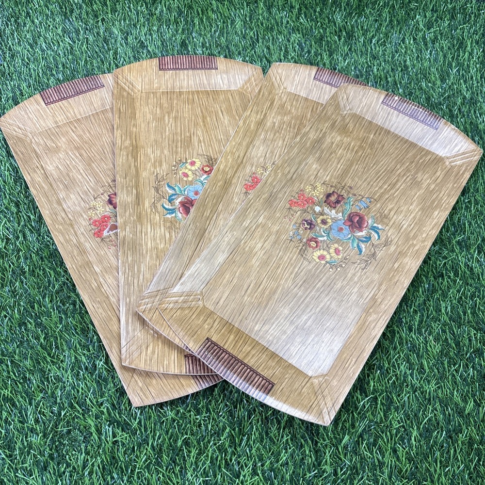 Lot 4 Vintage Hasco Floral Lithograph Serving Trays MCM Woodgrain Kitchen